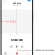 A Voice Memos recording, showing a waveform of the recording that’s in progress, along with a time indicator and a button to pause the recording.