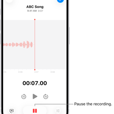 A Voice Memos recording, showing a waveform of the recording that’s in progress, along with a time indicator and a button to pause the recording.