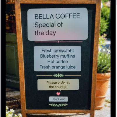The Camera screen showing a menu at a restaurant with text translated from Spanish to English.