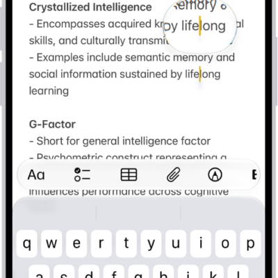 A note showing the insertion point positioned where text will be inserted or edited. The surrounding text is magnified to make it easier to place the insertion point.