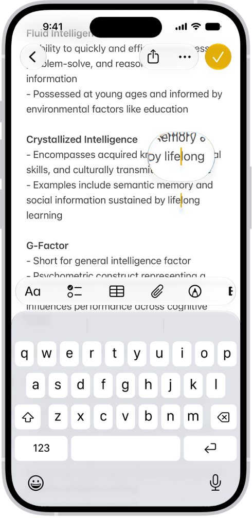 A note showing the insertion point positioned where text will be inserted or edited. The surrounding text is magnified to make it easier to place the insertion point.