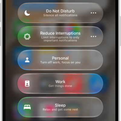 Control Center showing the Focus options, with buttons for setting the duration of the Focus options.