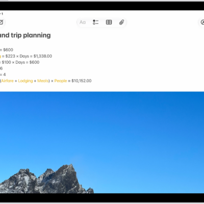A note for planning a trip, with a calculation of the travel expenses and a photo.