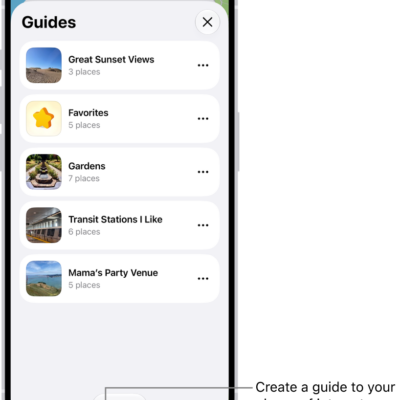 A list of several custom guides in Maps, including a Favorites category, and the New Guide button at the bottom right.