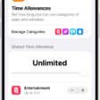 A Time Allowances screen in Screen Time settings showing time allowed for categories like Games, Entertainment, and Productivity.