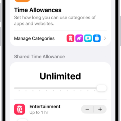 A Time Allowances screen in Screen Time settings showing time allowed for categories like Games, Entertainment, and Productivity.