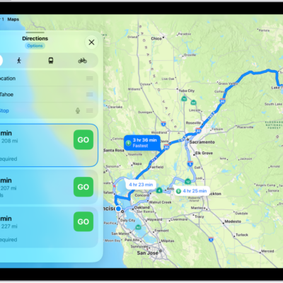 An iPad showing a map with several driving route options to the same destination. Each route shows the estimated time and distance, and a Steps button to see detailed directions. Color coding on each route indicates traffic conditions.