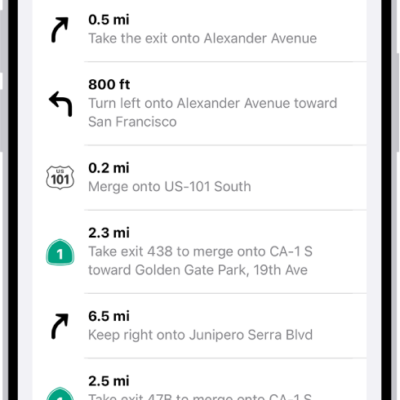 A route's turn-by-turn directions shown in a list.