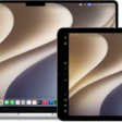 A MacBook Air and an iPad sitting side by side. Both screens show the Mac desktop with a purple Screen Mirroring icon in the menu bar.