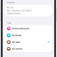 The Maps app showing the Details screen with options to set an address as home, work, or school.