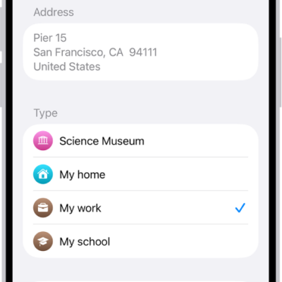 The Maps app showing the Details screen with options to set an address as home, work, or school.