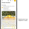The onscreen keyboard is open in the Messages app. Text is entered in the text field and above the keyboard are predictive text suggestions for the next word.