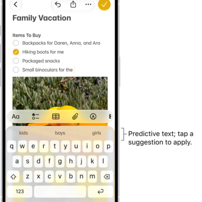 The onscreen keyboard is open in the Messages app. Text is entered in the text field and above the keyboard are predictive text suggestions for the next word.