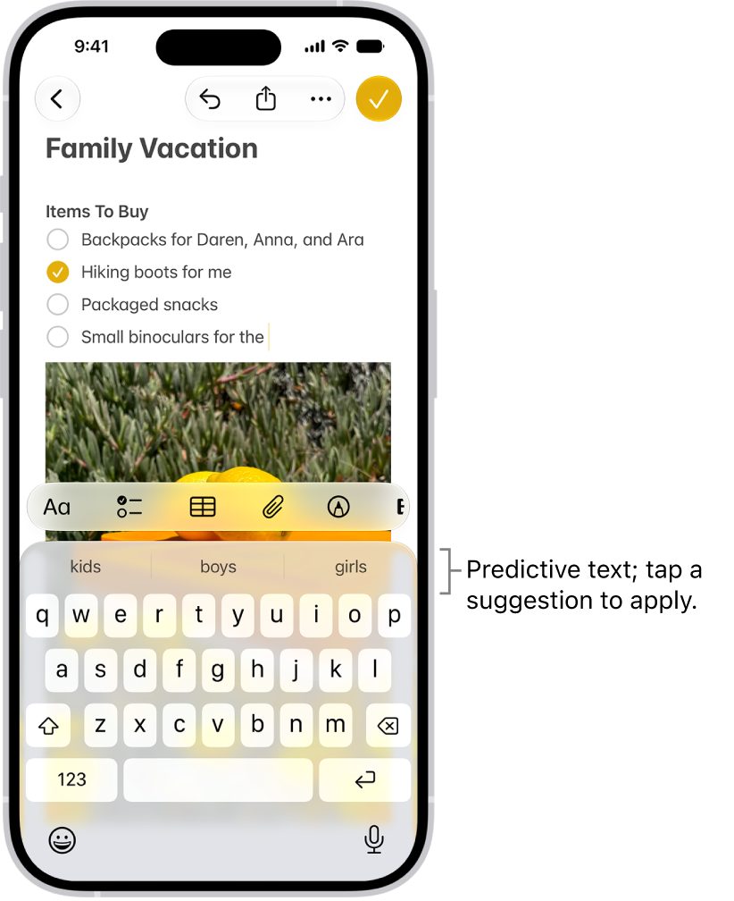 The onscreen keyboard is open in the Messages app. Text is entered in the text field and above the keyboard are predictive text suggestions for the next word.
