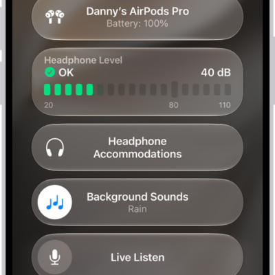 The Hearing Devices screen in Control Center. From top to bottom, it includes the Headphone Level in decibels, Hearing Assistance, Background Sounds, and Live Listen.