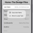 An account screen showing the user name highlighted, with options to Copy User Name and Show in Large Type.