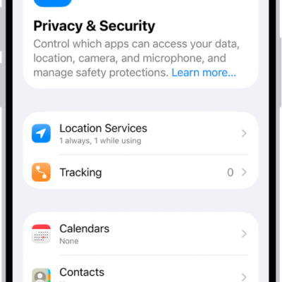 The Privacy & Security screen, with settings for Location Services and Tracking, and settings to control which apps can access your data.