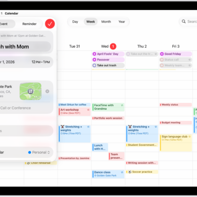 A calendar in Week view showing the create event window.