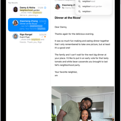A message is open in the Mail app, and search terms are being typed in the top right.