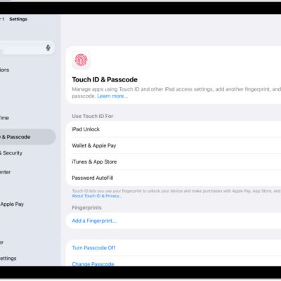 A screen showing settings for Touch ID & Passcode, with options to add a fingerprint and turn passcode on.