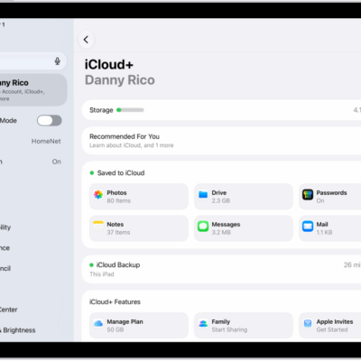 The iCloud settings screen showing the iCloud storage meter and a list of apps and features, including Photos, iCloud Drive, and iCloud Mail that can be used with iCloud.