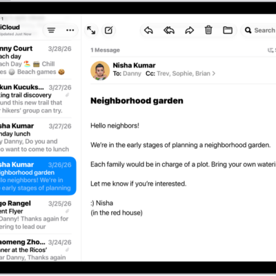 An iPad with the Mail app open. Emails are displayed with large, bold text.