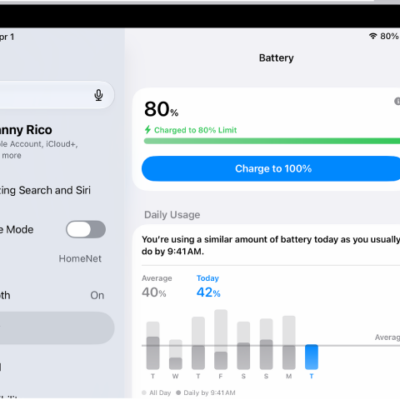 The charging information card in iPad Battery settings. The card shows the battery at 80% with the message "Charged to 80% Limit." A button provides the option to "Charge to 100%.