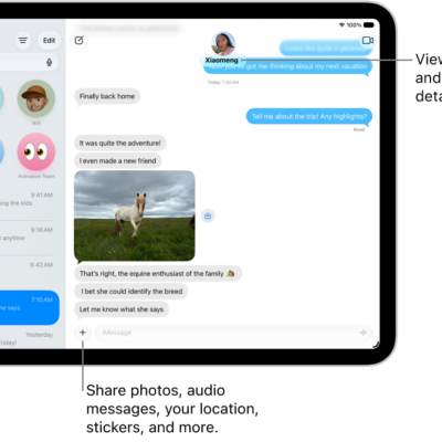 A Messages conversation list on the left and a conversation transcript on the right. At the top, tapping the contact icon opens conversation details.