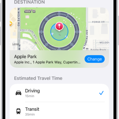 A Check In showing a map and estimated travel times for Driving, Transit, and Walking. At the bottom is a button to Add Extra Time.