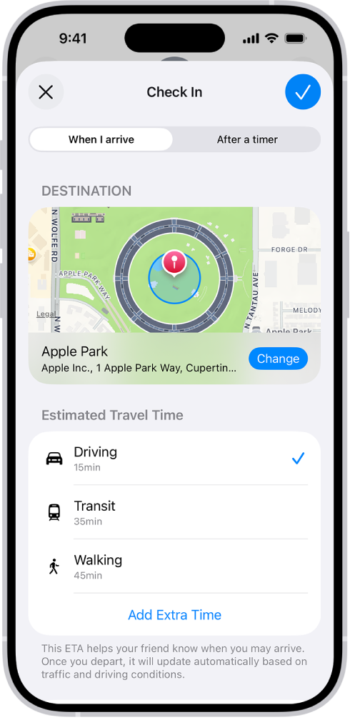A Check In showing a map and estimated travel times for Driving, Transit, and Walking. At the bottom is a button to Add Extra Time.
