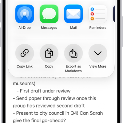 A note with an overlay showing sharing options.