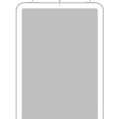 The front view of iPad mini with callouts to the volume buttons at the top left, the front camera at the top center, and the top button and Touch ID at the top right.