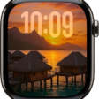 The Photos watch face showing a photo from a synced photo album. The time appears on the left of the screen.
