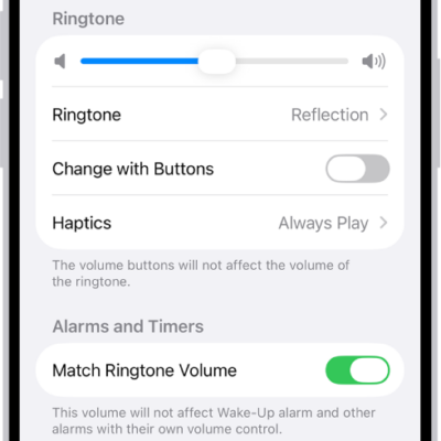 The Sounds and Haptics screen in Settings.