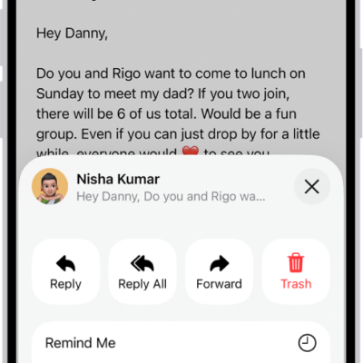 An email showing reply options. Across the middle of the screen, from left to right, are Reply, Reply All, Forward, and Trash.