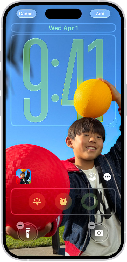 The iPhone Lock Screen showing options to add widgets, adjust the wallpaper and size of the clock, and swap out controls at the bottom of the screen.