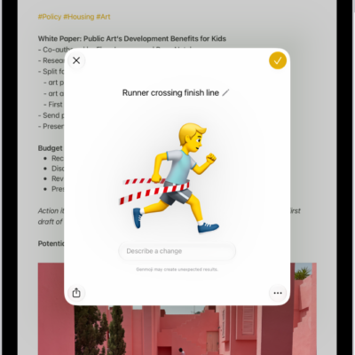 The Genmoji window showing a created Genmoji of a man running across a finish line
