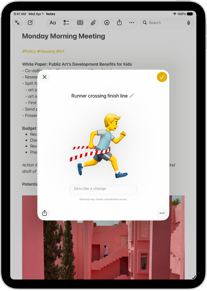 The Genmoji window showing a created Genmoji of a man running across a finish line.