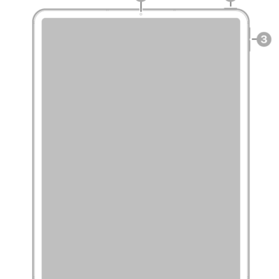 The front view of iPad Pro with callouts to the front camera at the top center, the top button at the top right, and the volume buttons on the right.