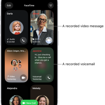 The FaceTime call history, showing a suggested contact, a recorded video message, a voicemail, and a Group FaceTime video call.