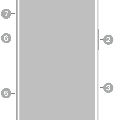 The front view of iPhone 16. The front camera is at the top center. The side button and the Camera Control are on the right side. The USB-C connector is on the bottom. On the left side, from bottom to top, are the SIM tray, the volume buttons, and the Action button.