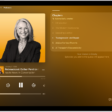The Now Playing screen in the Podcasts app, showing the podcast artwork, the episode title, the playback controls, and the volume slider. At the right of the screen is a list of chapters. At the bottom of the screen is the AirPlay icon, the View Transcript button, and the Playing Next button.