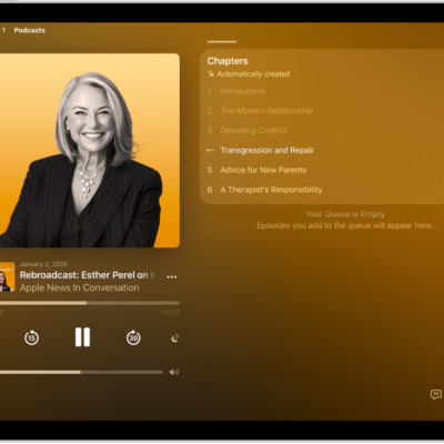 The Now Playing screen in the Podcasts app, showing the podcast artwork, the episode title, the playback controls, and the volume slider. At the right of the screen is a list of chapters. At the bottom of the screen is the AirPlay icon, the View Transcript button, and the Playing Next button.