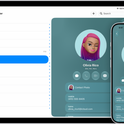 A contacts list on iPad and a contact card on iPhone