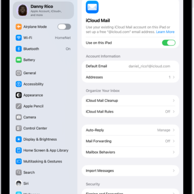 The Settings app, open to the iCloud Mail screen. Custom Email Domain is at the bottom of the menu.