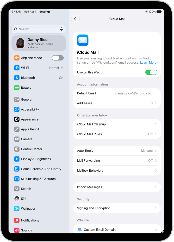 The Settings app, open to the iCloud Mail screen. Custom Email Domain is at the bottom of the menu.