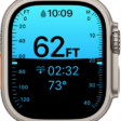 A Depth screen on Apple Watch Ultra, showing the current depth, elapsed time, and water temperature.
