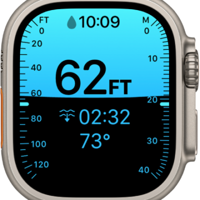 A Depth screen on Apple Watch Ultra, showing the current depth, elapsed time, and water temperature.