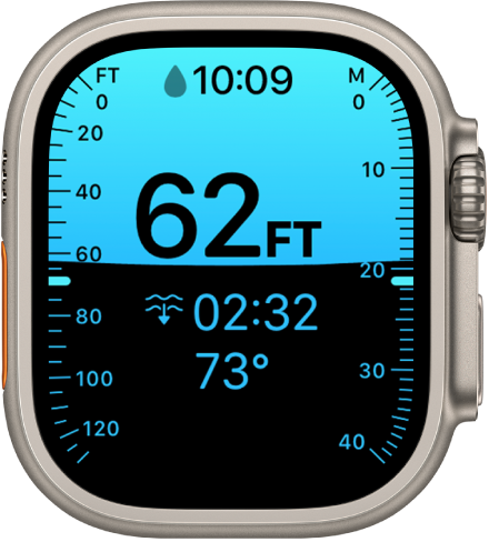 On Apple Watch Ultra, the Depth app showing the current depth, time underwater, water temperature, and the maximum depth of the dive. Markers along the left side indicate the depth in feet from 0 to 130. Markers along the right side indicate the depth in meters from 0 to 40.