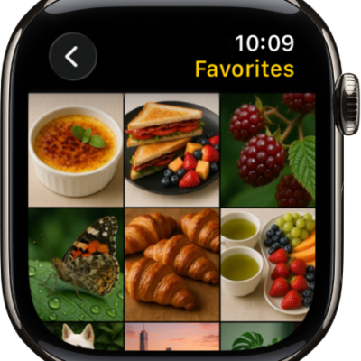 The Photos app on Apple Watch showing an album called Favorites, with several photos displayed in a grid.